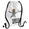 Nirvana nevermind, Τσάντα πλάτης πουγκί GYMBAG λευκή, με τσέπη (40x48cm) & χονδρά κορδόνια