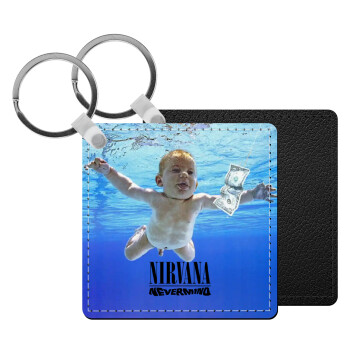 Nirvana nevermind, Μπρελόκ Δερματίνη, τετράγωνο ΜΑΥΡΟ (5x5cm)