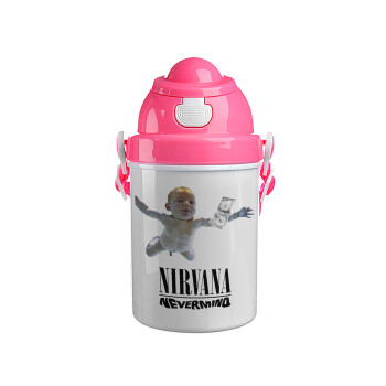 Nirvana nevermind, Ροζ παιδικό παγούρι πλαστικό (BPA-FREE) με καπάκι ασφαλείας, κορδόνι και καλαμάκι, 400ml