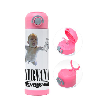Nirvana nevermind, Παιδικό παγούρι θερμό, ανοξείδωτο, με καλαμάκι ασφαλείας, ΡΟΖ (500ml)