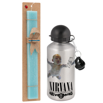 Nirvana nevermind, Πασχαλινό Σετ, παγούρι μεταλλικό Ασημένιο αλουμινίου (500ml) & πασχαλινή λαμπάδα αρωματική πλακέ (30cm) (ΤΙΡΚΟΥΑΖ)
