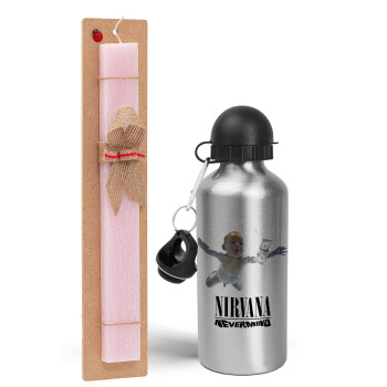 Nirvana nevermind, Easter Set, metallic Silver aluminum water bottle (500ml) & scented flat Easter candle (30cm) (PINK)