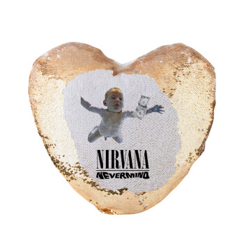 Nirvana nevermind, Μαξιλάρι καναπέ καρδιά Μαγικό Χρυσό με πούλιες 40x40cm περιέχεται το  γέμισμα