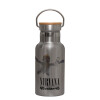Stainless steel metallic thermos flask, silver with a bamboo lid, double-walled, 350ml.