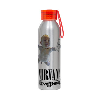 Nirvana nevermind, Αλουμινένιο Αθλητικό Μπουκάλι 650ml – Ασημί με Κόκκινο Καπάκι και Λουράκι Σιλικόνης