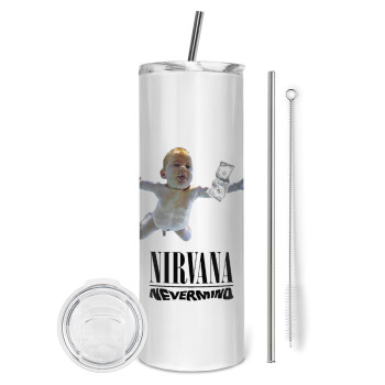 Nirvana nevermind, Eco friendly ποτήρι θερμό (tumbler) από ανοξείδωτο ατσάλι 600ml, με μεταλλικό καλαμάκι & βούρτσα καθαρισμού