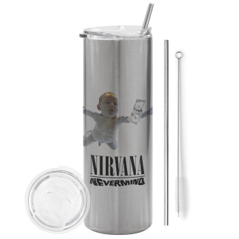 Nirvana nevermind, Eco friendly ποτήρι θερμό Ασημένιο (tumbler) από ανοξείδωτο ατσάλι 600ml, με μεταλλικό καλαμάκι & βούρτσα καθαρισμού
