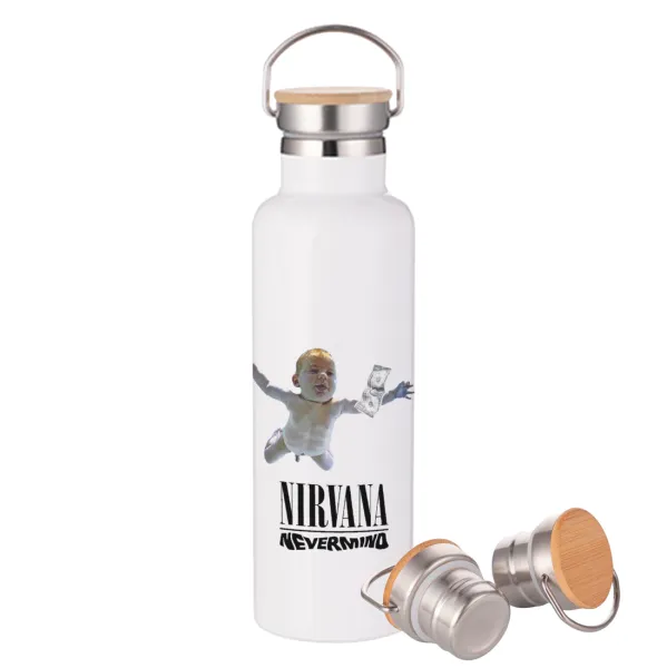 Nirvana nevermind — Μεταλλικό παγούρι θερμός (Stainless steel) Λευκό με ξύλινο καπάκι (bamboo), διπλού τοιχώματος, 750ml