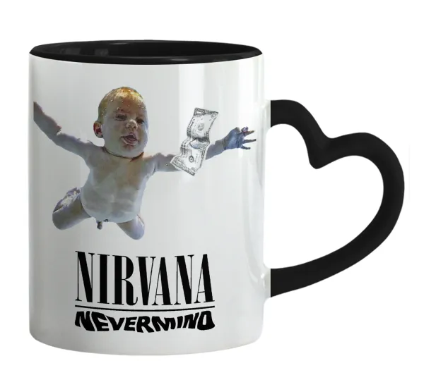 Nirvana nevermind — Mug heart black handle, ceramic, 330ml