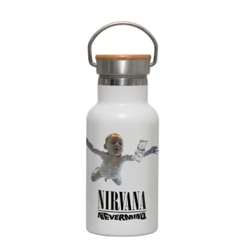 Nirvana nevermind, Metallic thermos (Stainless steel) White with wooden lid (bamboo), double-walled, 350ml