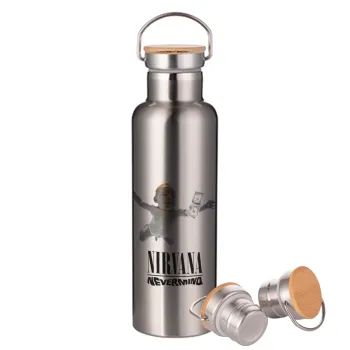 Nirvana nevermind, Μεταλλικό παγούρι θερμός (Stainless steel) Ασημένιο με ξύλινο καπακι (bamboo), διπλού τοιχώματος, 750ml