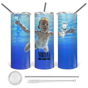 Nirvana nevermind, Tumbler ποτήρι θερμό από ανοξείδωτο ατσάλι 600ml, με μεταλλικό καλαμάκι & βούρτσα καθαρισμού