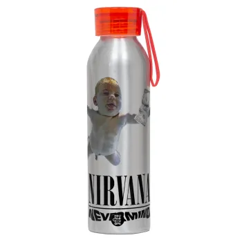 Nirvana nevermind, Aluminum Sports Bottle 650ml – Silver with Red Cap and Silicone Strap