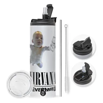 Nirvana nevermind, Travel Tumbler θερμό με διπλό καπάκι, μεταλλικό καλαμάκι και βούρτσα καθαρισμού (Ανωξείδωτο 304 Food grade, BPA free, 600ml)