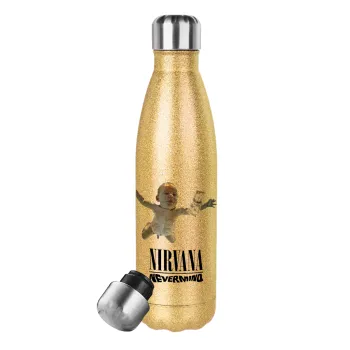 Nirvana nevermind, Glitter gold stainless steel thermos bottle, double-walled, 500ml