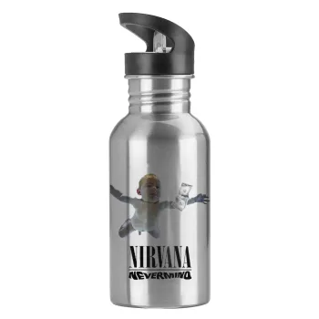 Nirvana nevermind, Παγούρι νερού Ασημένιο με καλαμάκι, ανοξείδωτο ατσάλι 600ml