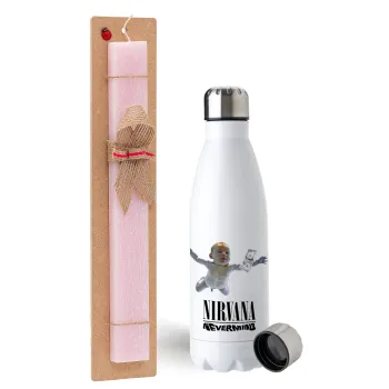 Nirvana nevermind, Easter Set, metallic stainless steel water bottle (750ml) & scented flat Easter candle (30cm) (PINK)