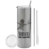 Tumbler ποτήρι θερμό Ασημένιο από ανοξείδωτο ατσάλι 600ml, με μεταλλικό καλαμάκι & βούρτσα καθαρισμού