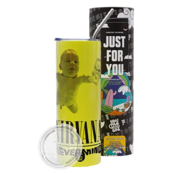 Nirvana nevermind, Neon Yellow Travel Tumbler θερμό, μεταλλικό καλαμάκι(Ανωξείδωτο 304 Food grade, BPA free, 600ml)
