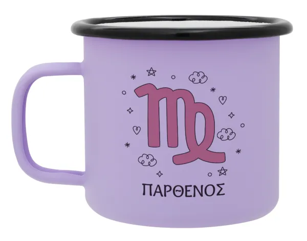 Ζώδια Παρθένος — Metal enamel mug, matte light pastel purple, 360ml