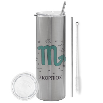 Ζώδια Σκορπιός, Eco friendly stainless steel Silver tumbler 600ml, with metal straw & cleaning brush