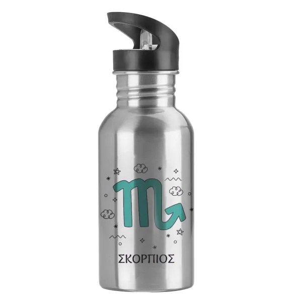 Ζώδια Σκορπιός — Water bottle Silver with straw, stainless steel 600ml