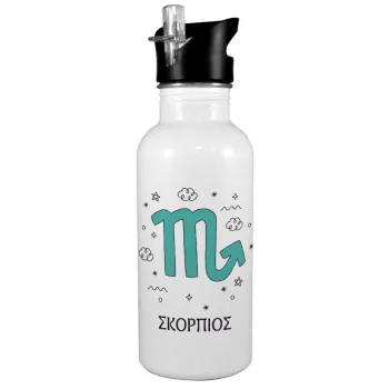 Ζώδια Σκορπιός, White water bottle with straw, stainless steel 600ml