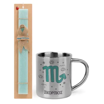 Ζώδια Σκορπιός, Easter Set, metallic thermal cup (300ml) & aromatic flat Easter candle (30cm) (TURQUOISE)
