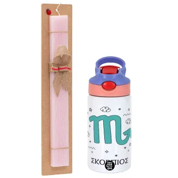 Ζώδια Σκορπιός, Easter Set, Children's thermal stainless steel water bottle with safety straw, pink/purple (350ml) & Easter scented flat candle (30cm) (PINK)