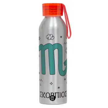 Ζώδια Σκορπιός, Αλουμινένιο Αθλητικό Μπουκάλι 650ml – Ασημί με Κόκκινο Καπάκι και Λουράκι Σιλικόνης