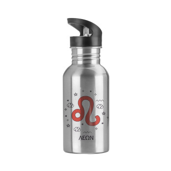 Ζώδια Λέων, Water bottle Silver with straw, stainless steel 600ml