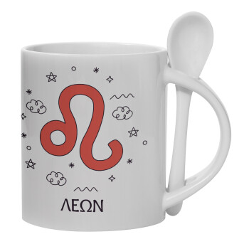 Ζώδια Λέων, Ceramic coffee mug with Spoon, 330ml (1pcs)
