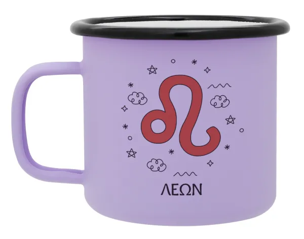 Ζώδια Λέων — Metal enamel mug, matte light pastel purple, 360ml