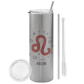 Ζώδια Λέων, Tumbler stainless steel Silver 600ml, with metal straw & cleaning brush