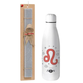 Ζώδια Λέων, Easter Set, metallic stainless thermos bottle (500ml) & scented flat Easter candle (30cm) (GRAY)
