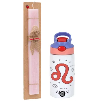 Ζώδια Λέων, Easter Set, Children's thermal stainless steel water bottle with safety straw, pink/purple (350ml) & Easter scented flat candle (30cm) (PINK)