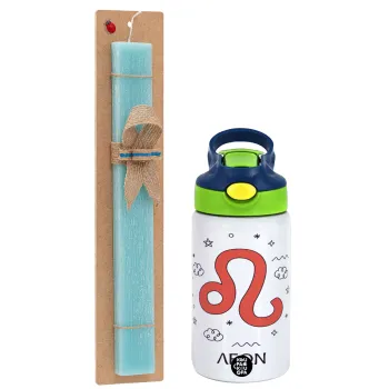 Ζώδια Λέων, Easter Set, Children's thermal stainless steel bottle with safety straw, green/blue (350ml) & aromatic flat Easter candle (30cm) (TURQUOISE)