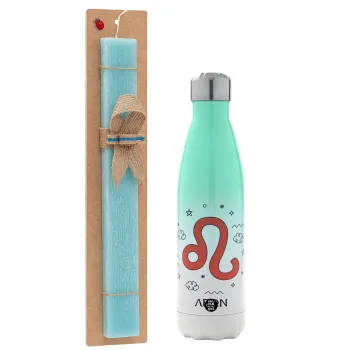 Ζώδια Λέων, Easter Set, Metallic green/white thermos (Stainless steel), double-walled, 500ml & scented flat Easter candle (30cm) (TURQUOISE)