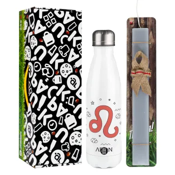 Ζώδια Λέων, Easter candle, metallic white thermos bottle (500ml) & aromatic flat candle (30cm) (GRAY)