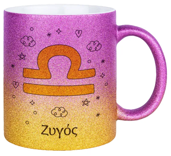 Ζώδια Ζυγός — Κούπα Χρυσή/Ροζ Glitter, κεραμική, 330ml