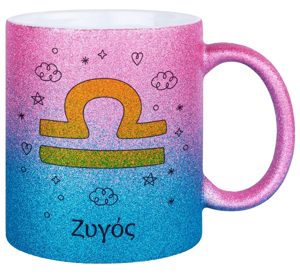 Ζώδια Ζυγός — Κούπα Χρυσή/Μπλε Glitter, κεραμική, 330ml