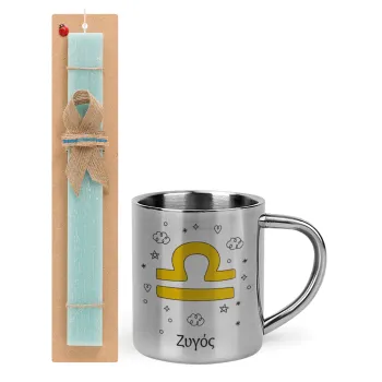 Ζώδια Ζυγός, Easter Set, metallic thermal cup (300ml) & aromatic flat Easter candle (30cm) (TURQUOISE)