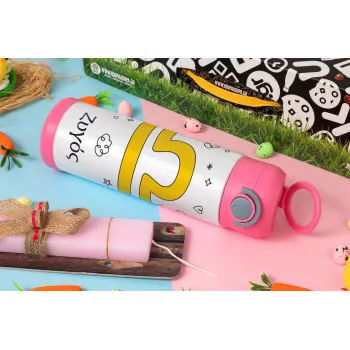 Ζώδια Ζυγός, Easter candle, Childrens hot water bottle, stainless steel, with safety straw, PINK (500ml)