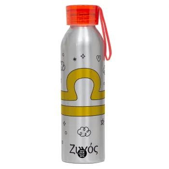 Ζώδια Ζυγός, Aluminum Sports Bottle 650ml – Silver with Red Cap and Silicone Strap