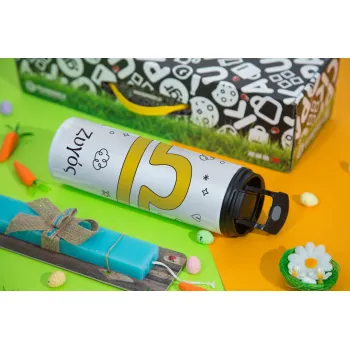 Ζώδια Ζυγός, Easter candle,Travel Tumbler 2 Lids, with metal straw & cleaning brush & aromatic flat candle (30cm) (BLUE)