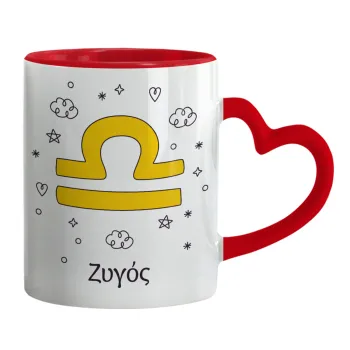 Ζώδια Ζυγός, Mug heart red handle, ceramic, 330ml
