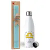 Easter Set, metallic stainless steel water bottle (750ml) & aromatic flat Easter candle (30cm) (TURQUOISE)