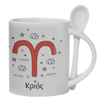 Ζώδια Κριός, Ceramic coffee mug with Spoon, 330ml (1pcs)