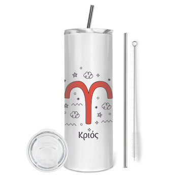 Ζώδια Κριός, Tumbler stainless steel 600ml, with metal straw & cleaning brush