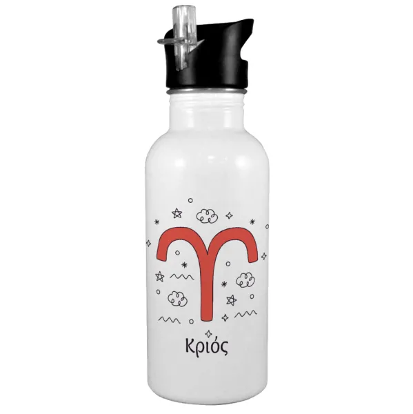 Ζώδια Κριός — White water bottle with straw, stainless steel 600ml